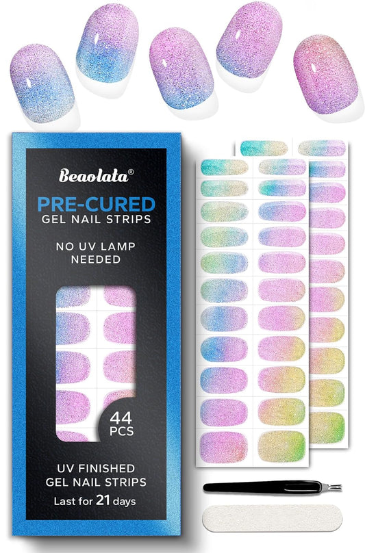 Pre Cured Gel Nail Strips - 44PCS Salon Quality Gel Nail Stickers - Long Lasting Polish Wraps for Women no UV Light Needed Easy Apply& Remove (Unicorn Magic Green)